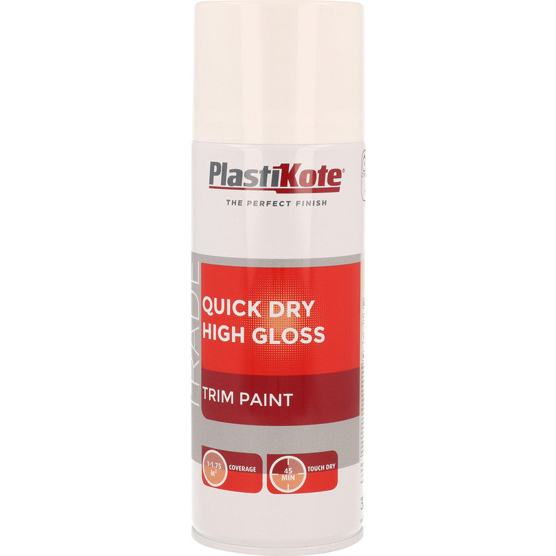 PLASTIKOTE QUICK DRY HIGH GLOSS TRIM PAINT SPRAY 400ML - WHITE. PL71007 \\\KD24322