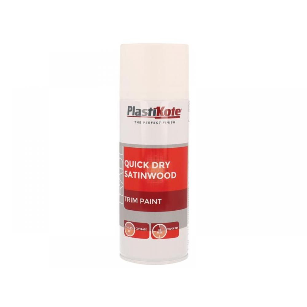 PLASTIKOTE QUICK DRY SATINWOOD TRIM PAINT SPRAY 400ML - WHITE. PL71006 \\\KD24323