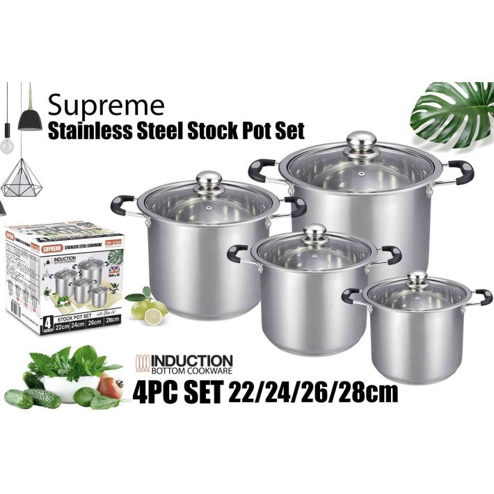 SUPREME STAINLESS STEEL STOCK POT WITH LID 4 PCS SET (22/24/26/28CM). 53730 \\\KD24406