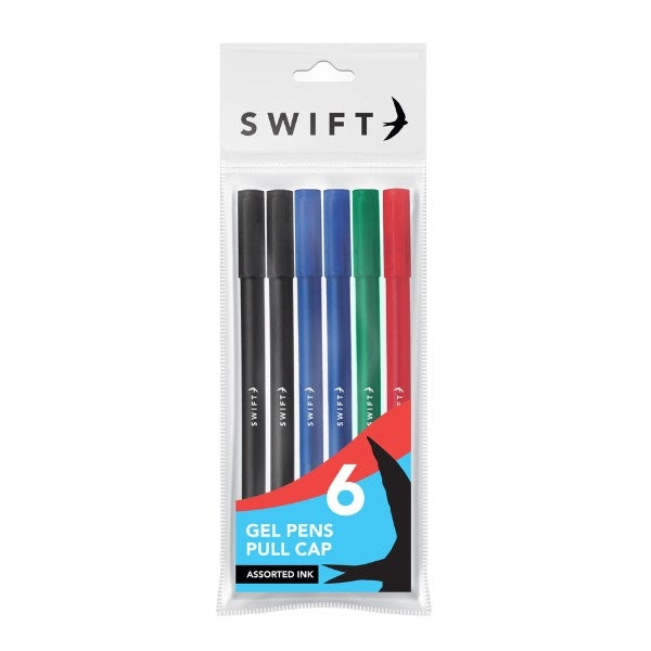 SWIFT PULL CAP GEL PENS 6/PK - ASSORTED COLOUR. P3058 \\\KD24501