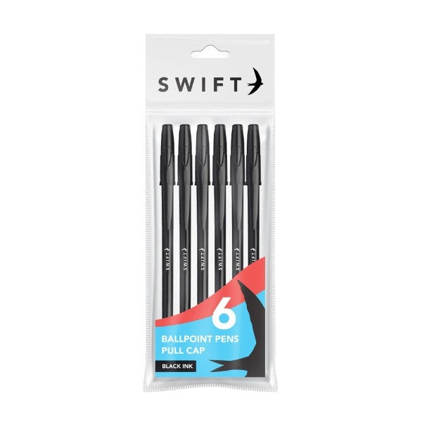 SWIFT PULL CAP BALLPOINT PENS 6/PK - BLACK. P3053 \\\KD24504