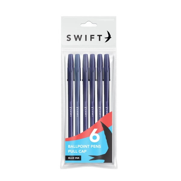 SWIFT PULL CAP BALLPOINT PENS 6/PK - BLUE. P3054 \\\KD24509