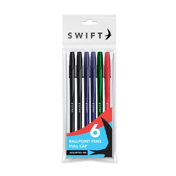 SWIFT PULL CAP BALLPOINT PENS 6/PK - ASSORTED COLOUR. P3055 \\\KD24511