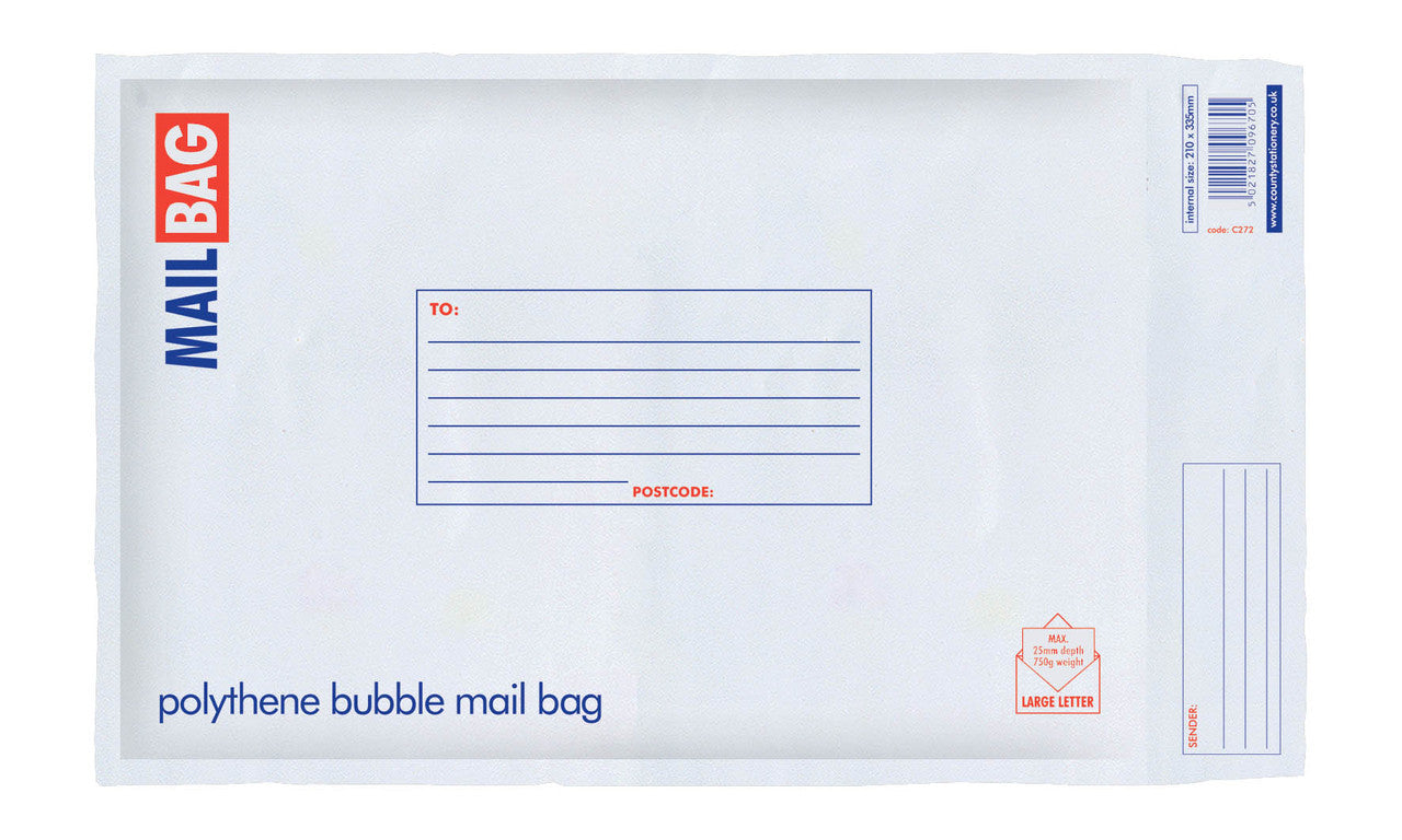 COUNTY MEDIUM POLYTHENE BUBBLE MAIL BAGS 210 X 335MM 10/PK. C272 \\\KD24597