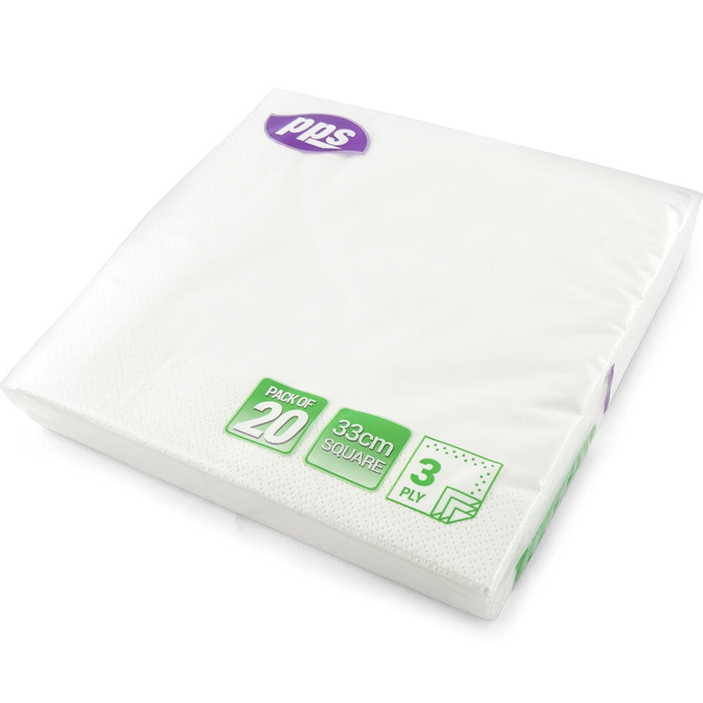 PPS 3 PLY PAPER NAPKIN 33CM X 33CM 20/PK - WHITE. PPS99101 \\\KD24797