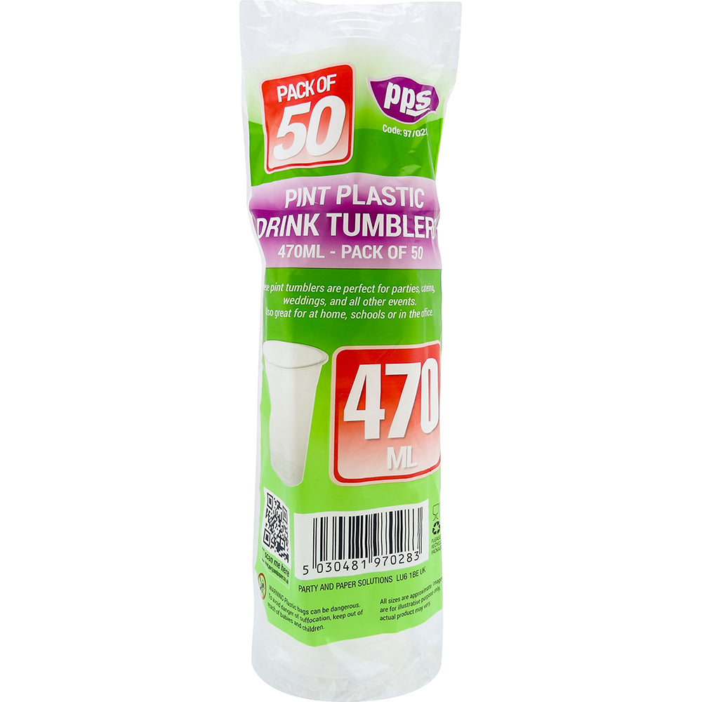 PPS PINT PLASTIC TUMBLERS  GLASSES 482ML 50/PK. PPS97028 \\\KD24805