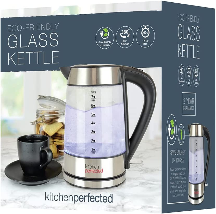 KITCHEN PERFECTED ECO-FRIENDLY ILLUMINATING CORDLESS GLASS KETTLE -1.7LTR. E1401BS \\\KD24824