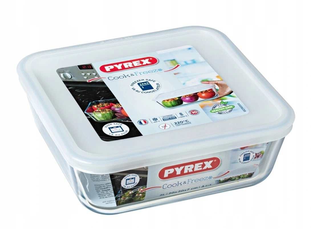 PYREX COOK & FREEZE GLASS SQUARE DISH WITH PLASTIC LID 20CM X 20CM 2L. 219P001 \\\KD24897