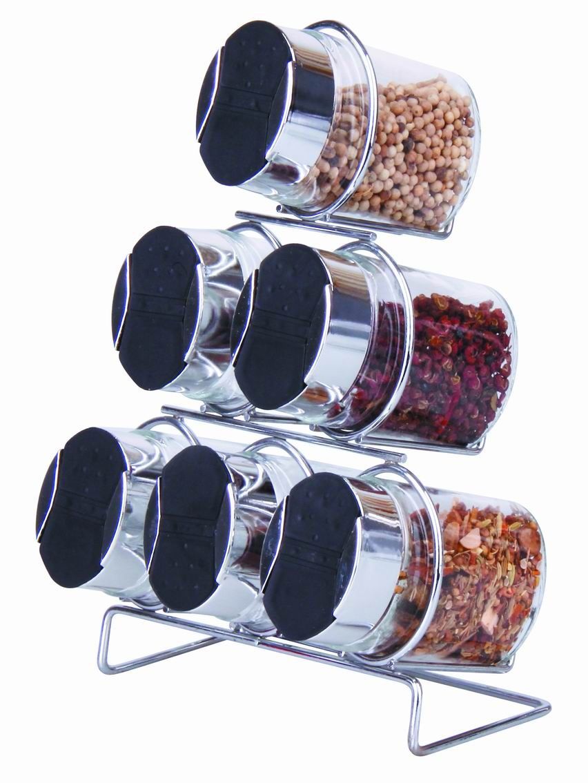 HIGHLANDS 6 PIECE GLASS SPICE RACK WITH METAL STAND. CAN37 \\\KD24935