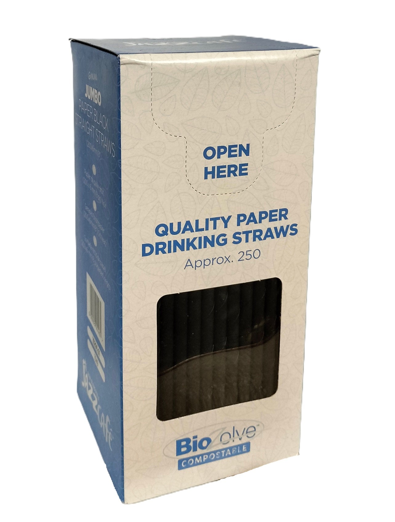 BIOZOLVE BIODEGRADABLE JUMBO PAPER STRAW 200MM X 6MM 250/PK - BLACK. 10200.01 \\\KD25004
