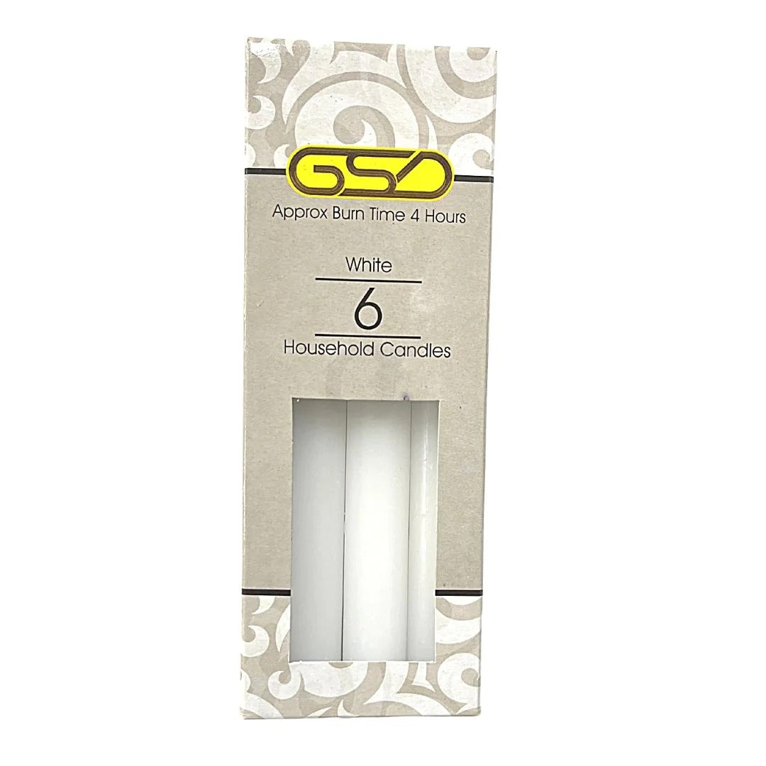 GSD HOUSEHOLD CANDLES 6" / 15CM 6/PK - WHITE \\\KD25042