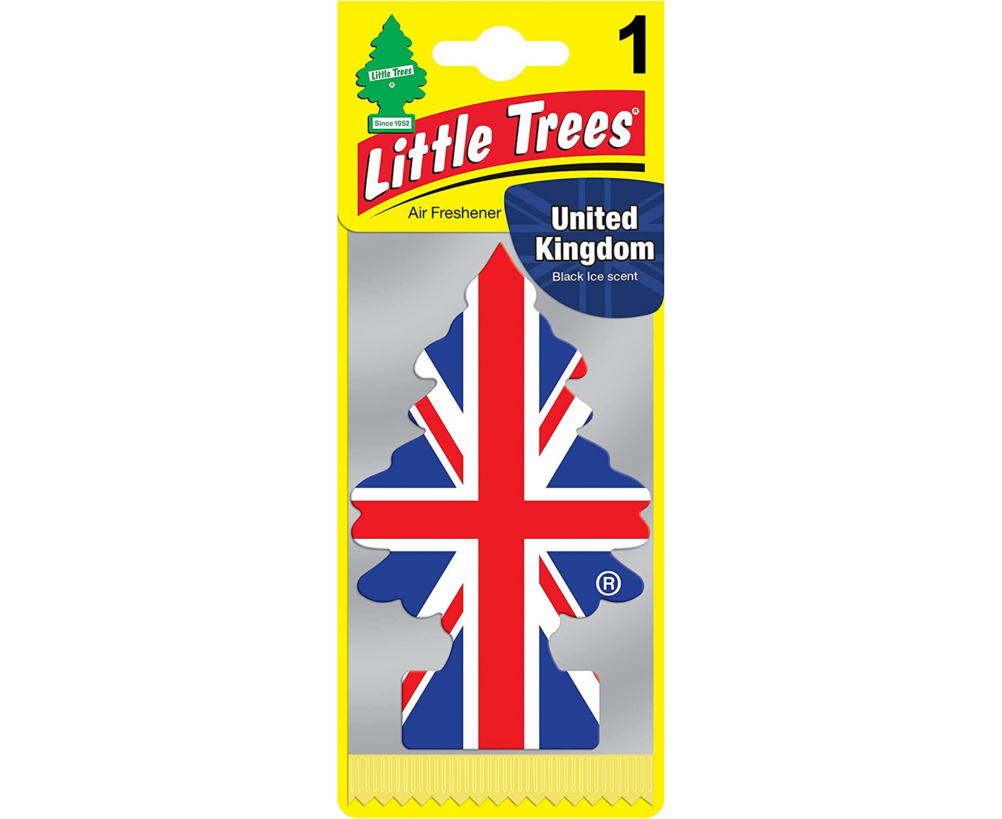 LITTLE TREES CAR AIR FRESHENER - UNITED KINGDOM UNION JACK FLAG BLACK ICE. MTR0087 \\\KD25082