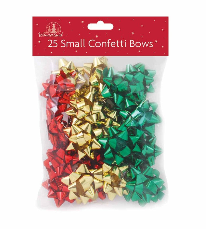 FESTIVE WONDERLAND SMALL CONFETTI RED GREEN GOLD GIFT BOWS 25/PK. TAXA0134 \\\KD25132
