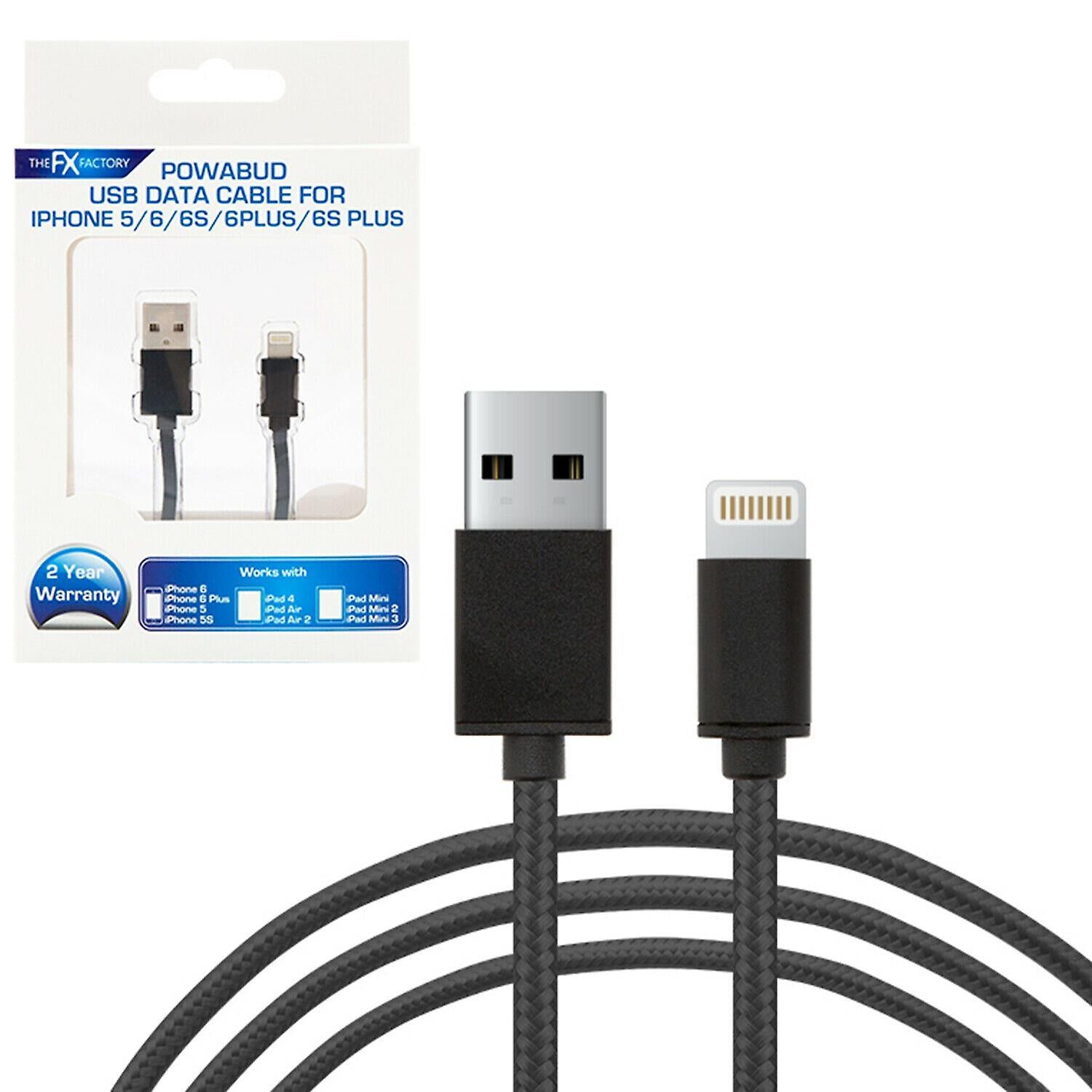 FX POWABUD BRAIDED USB DATA CABLE FOR IPHONE 6 7 8 X XS - BLACK. FXUIPH6BK \\\KD25210