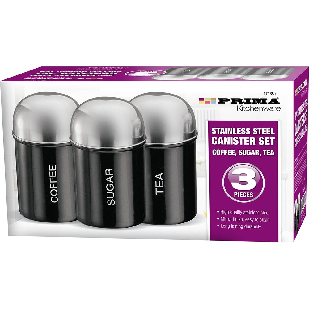 PRIMA STAINLESS STEEL COFFEE SUGAR TEA CANNISTER 3/PK - BLACK. 17165C \\\KD25297