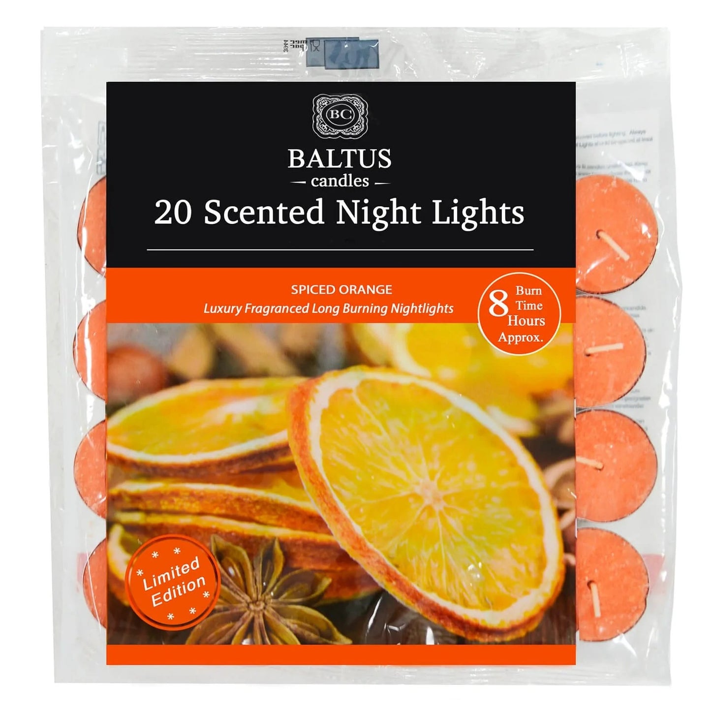 BALTUS WINTER EDITION SPICED ORANGE 8 HOUR TEA LIGHTS 20/PK. PES020-20SO \\\KD25338