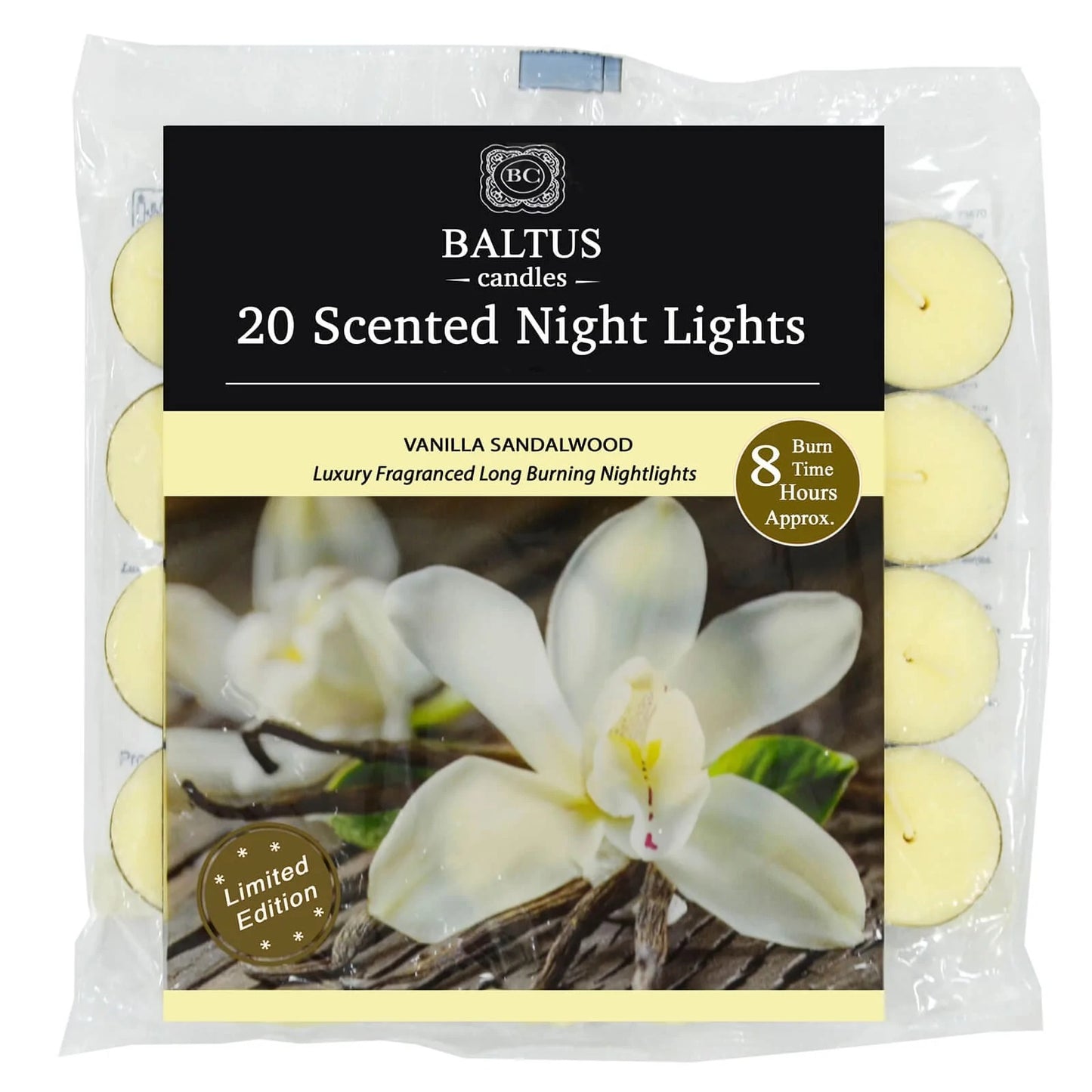 BALTUS LIMITED EDITION VANILLA SANDALWOOD 8 HOUR TEA LIGHTS 20/PK. PES020-20VS \\\KD25339