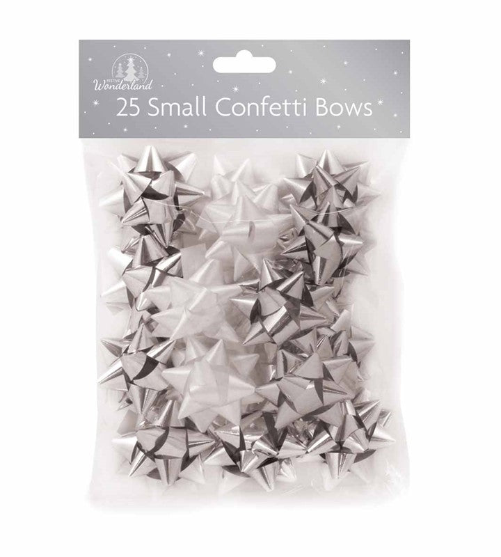 FESTIVE WONDERLAND SMALL SILVER WHITE CONFETTI GIFT BOWS 25/PK. XA0137 \\\KD25389