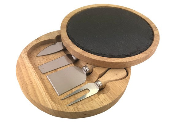 APOLLO RUBBER WOOD CHEESE BOX AND KNIVES SET WITH SLATE PLATE. AP9602 \\\KD25428