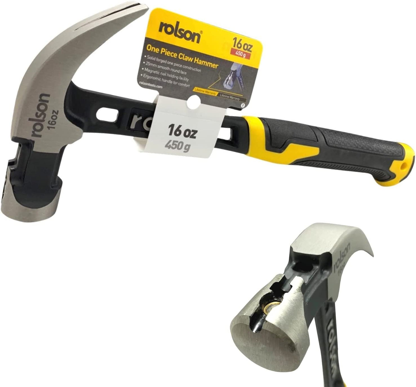 ROLSON ONE PIECE CLAW HAMMER WITH MAGNETIC NAIL HOLDER 16OZ. RT10431 \\\KD25446