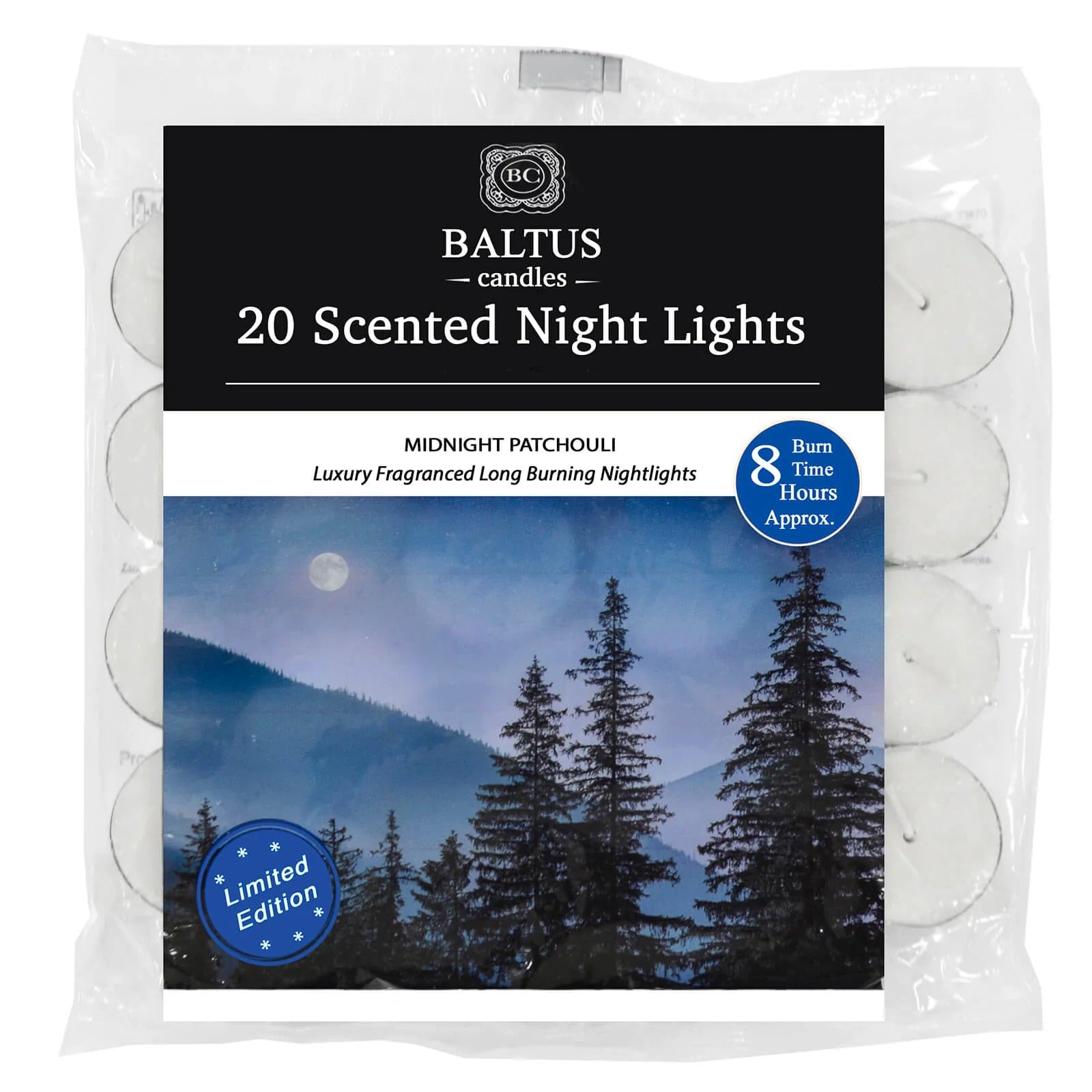 BALTUS LIMITED EDITION MIDNIGHT PATCHOULI 8 HOUR TEA LIGHTS 20/PK. PES020-20MP \\\KD25516