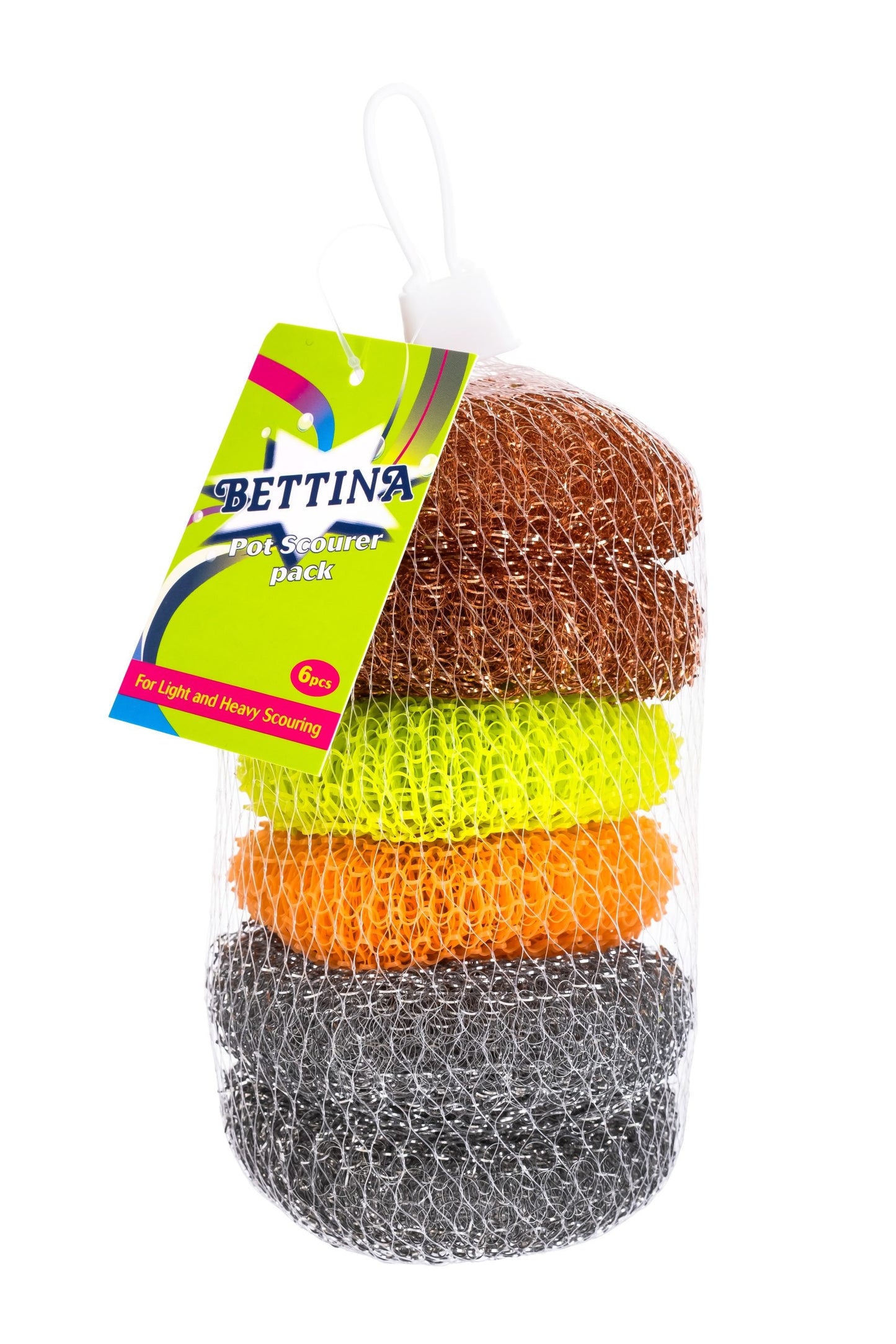 6 ASSORTED POT SCOURERS ( 2 COPPER - 2 GALVANISED - 2 PLASTIC). B3496 \\\KD25586