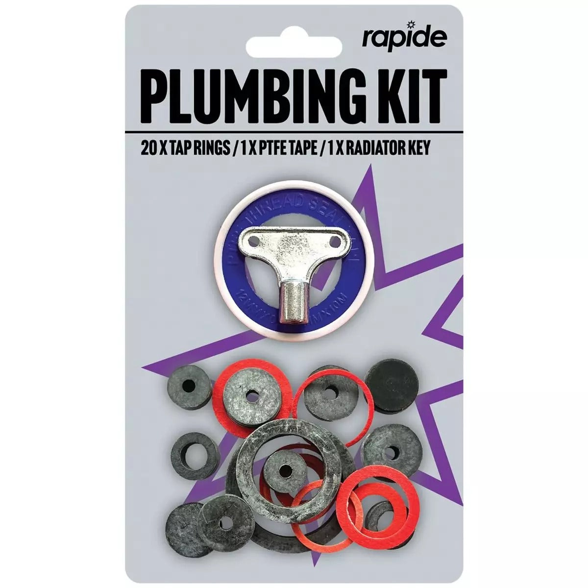 RAPIDE PLUMBING 22PCS KIT (TAP WASHERS - RADIATOR KEY - PTFE TAPE). WDL1807 \\\KD25817