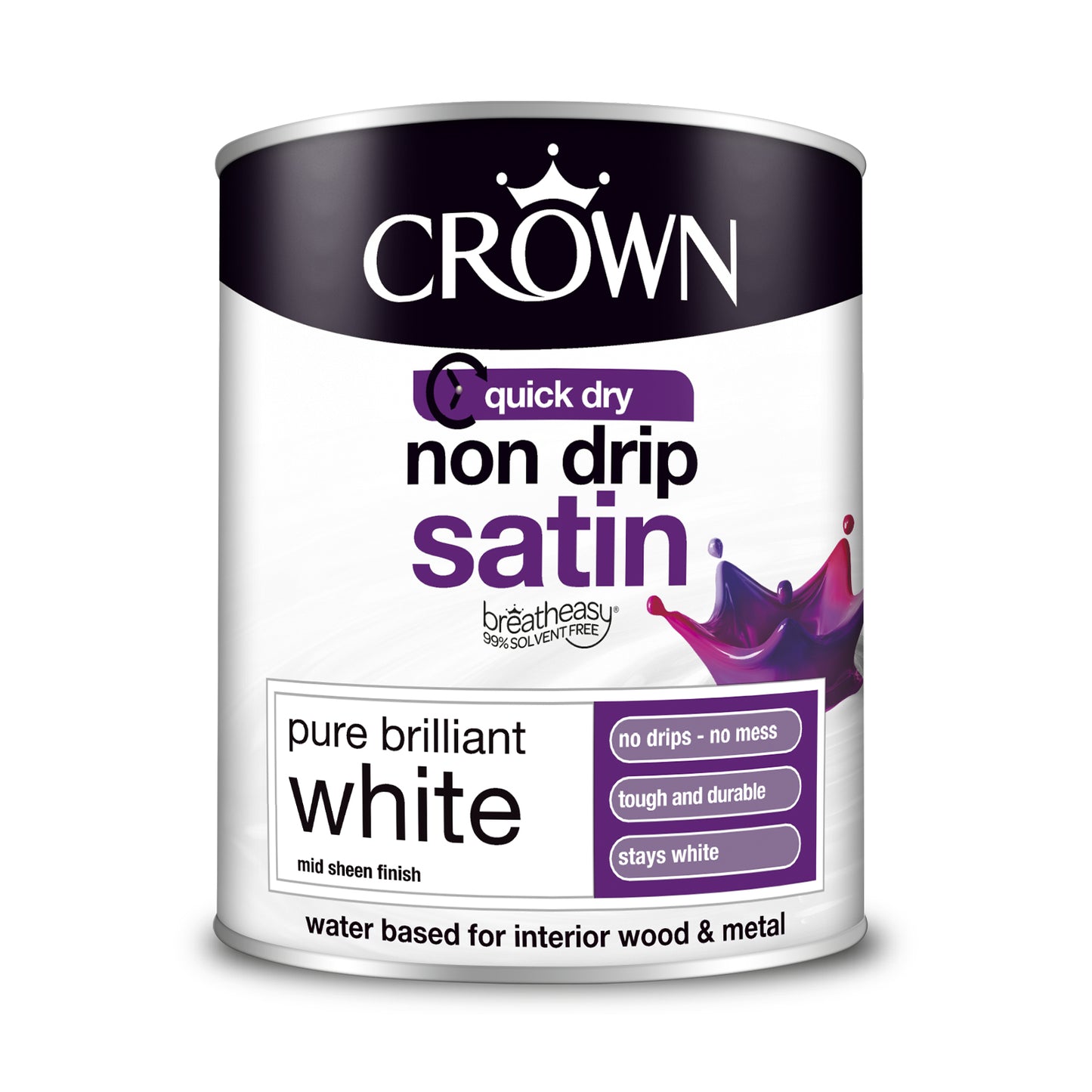 CROWN NON DRIP SATIN PURE BRILLIANT WHITE PAINT 750ML. 5023101 \\\KD25894