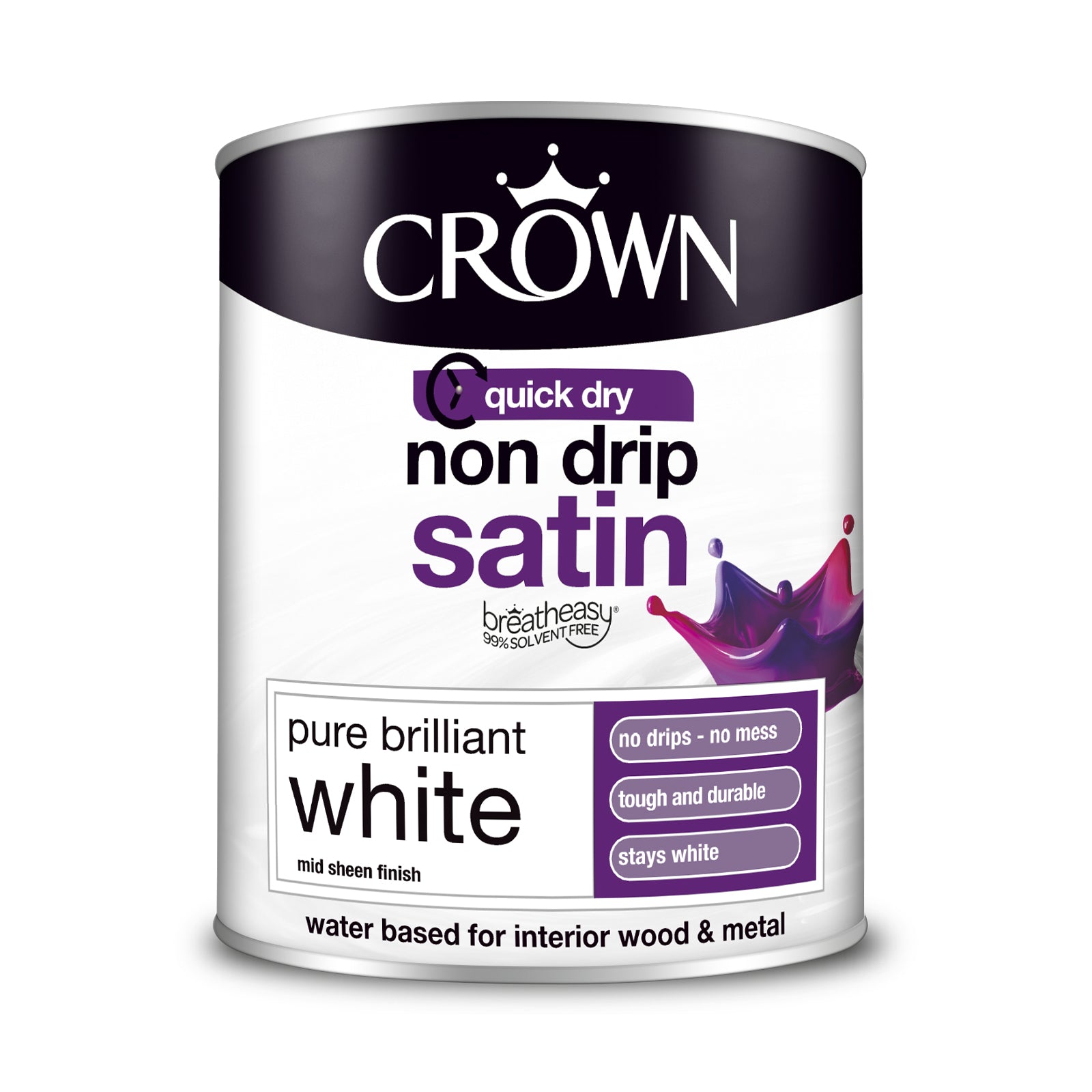 CROWN NON DRIP SATIN PURE BRILLIANT WHITE PAINT 750ML. 5023101 \\\KD25894