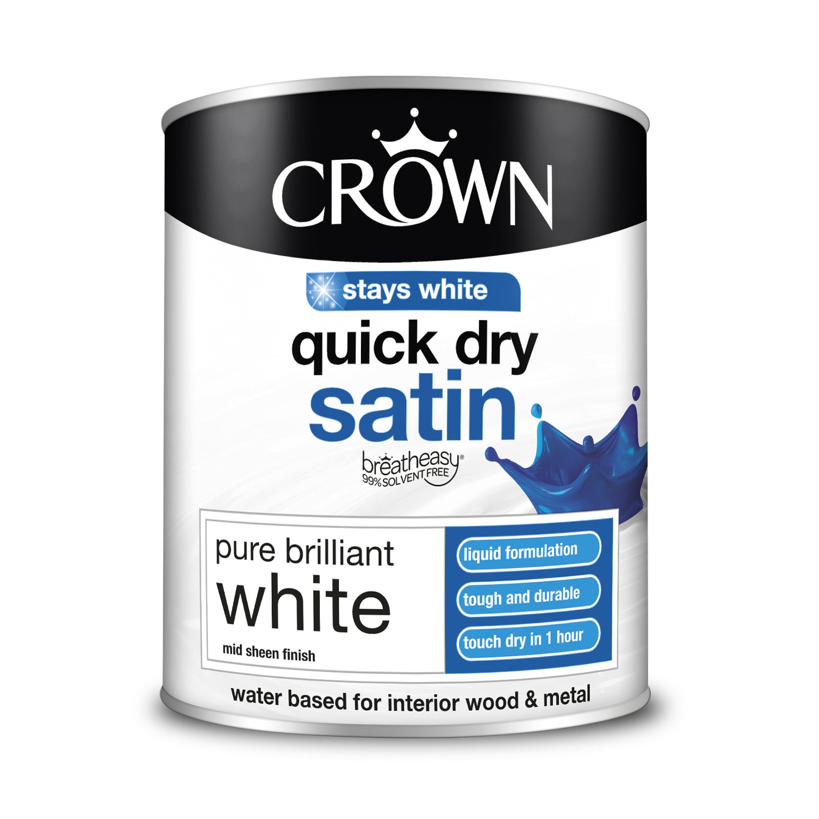 CROWN QUICK DRY SATIN PURE BRILLIANT WHITE PAINT 750ML. 5023238 \\\KD25896