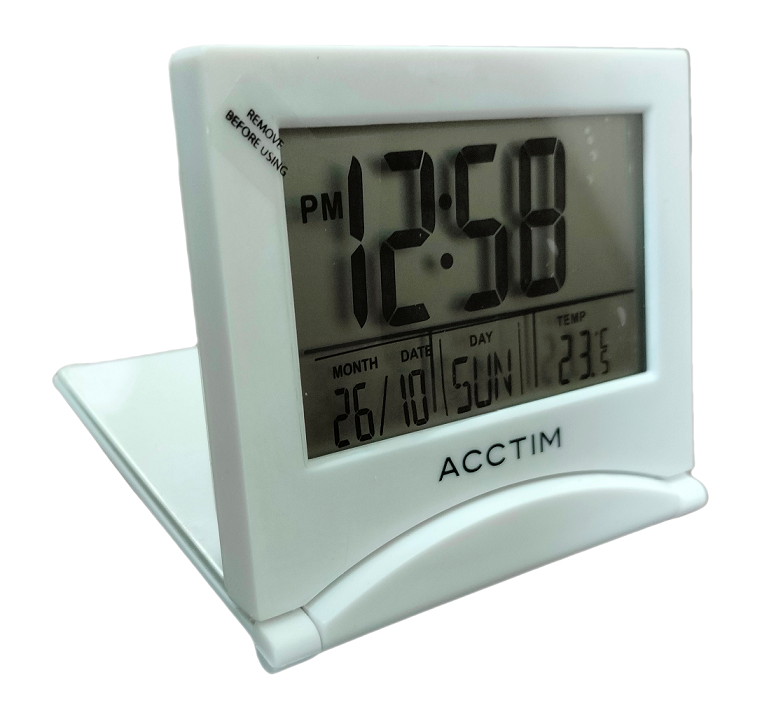 ACCTIM MINI FLIP 2 FOLDING TRAVEL LCD ALARM CLOCK - WHITE. AC15782 \\\KD26181