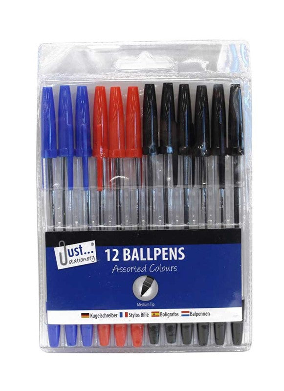 JUST STATIONERY ASSORTED BALLPENS 12/PK. TA1029 \\\KD26437