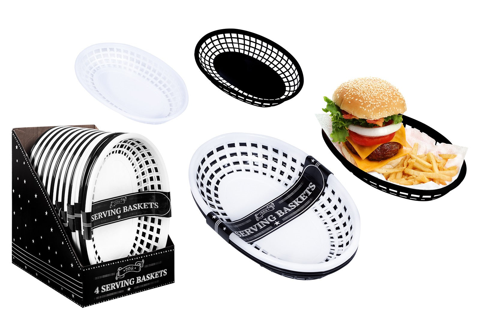 BURGER / BREAD / CHIPS PLASTIC SERVING BASKETS 23CM X 14CM 4/PK. AM2156 \\\KD26661