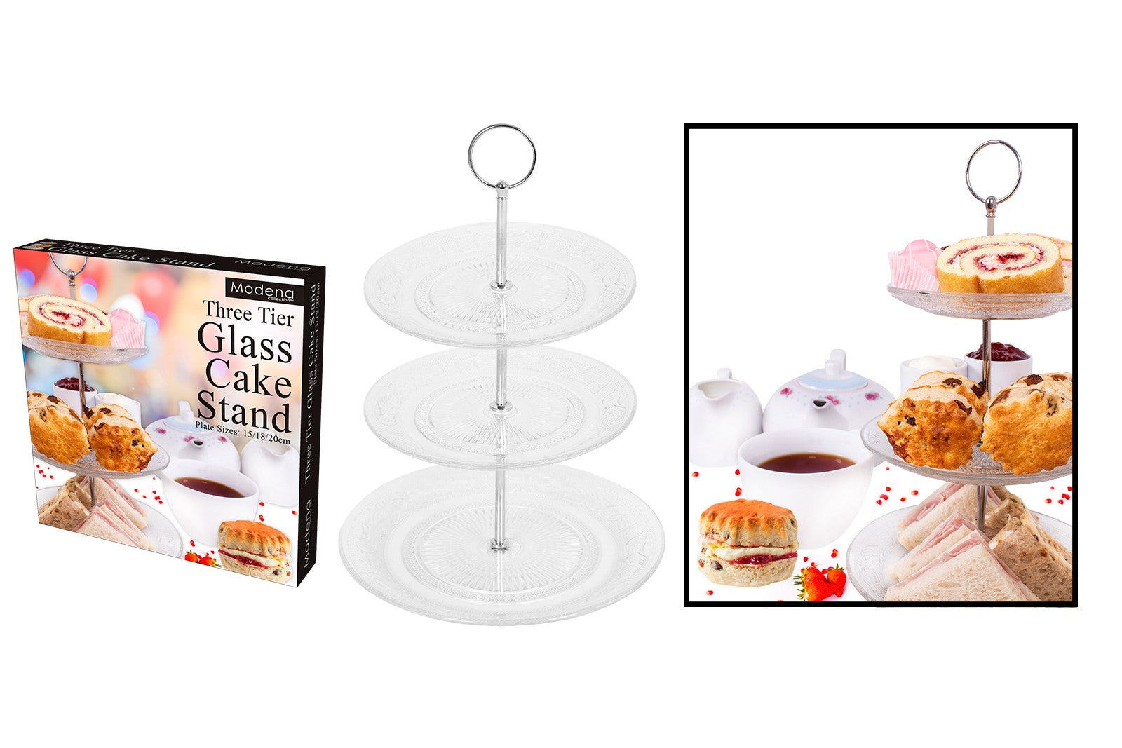 MODENA THREE TIER GLASS CAKE STAND 15 X 18 X 20CM. AM2647 \\\KD26664