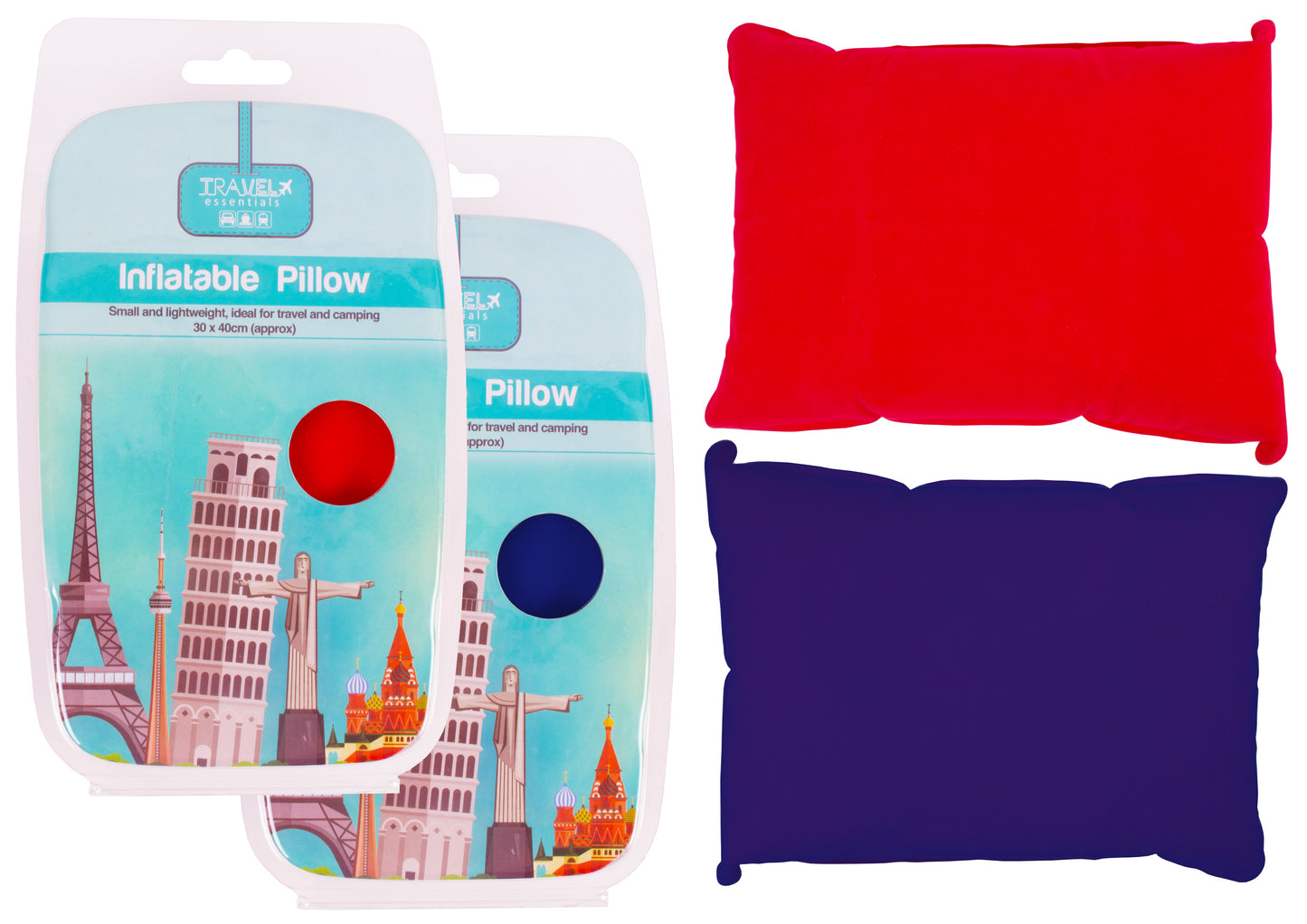 ASSORTED COLOUR TRAVEL ESSENTIALS INFLATABLE PILLOW 30 X 40CM. FN2062 \\\KD26665