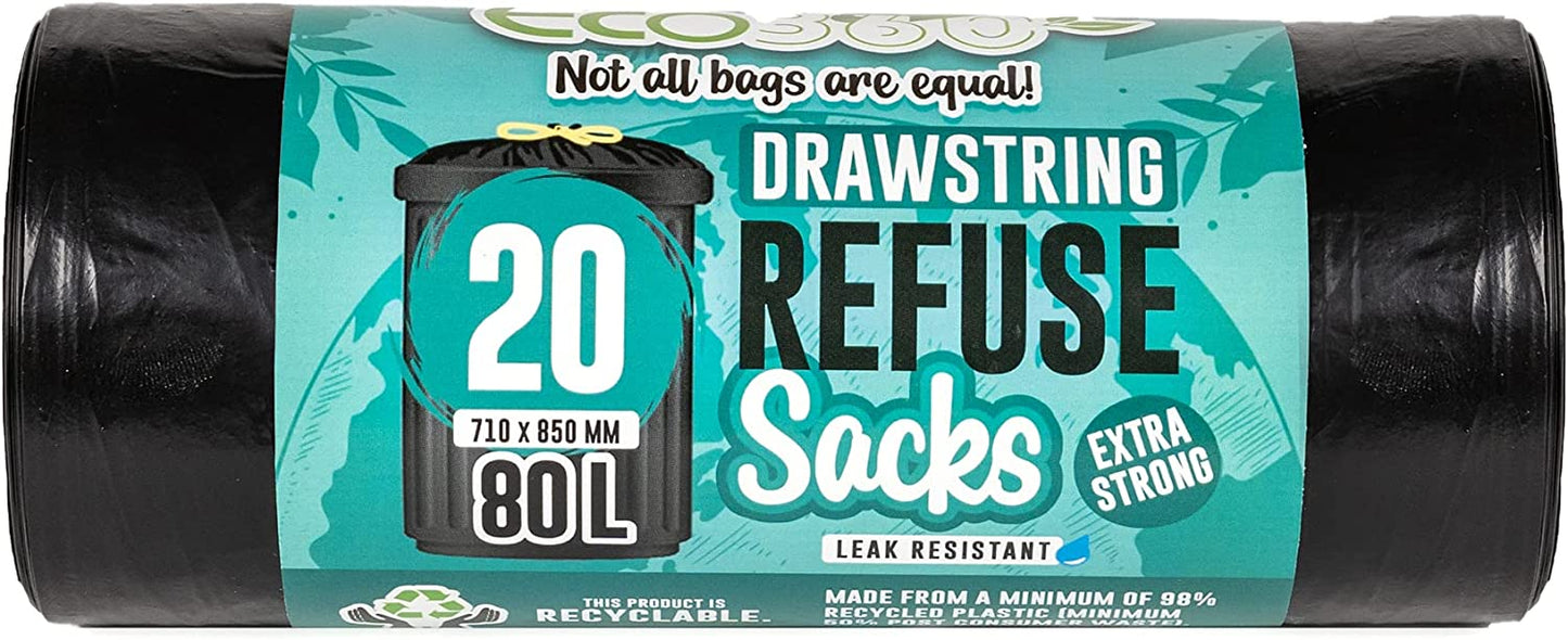 ECO BAG HEAVY DUTY DRAWSTRING REFUSE SACK BIN BAG 80L 20/PK. EC231 \\\KD26864