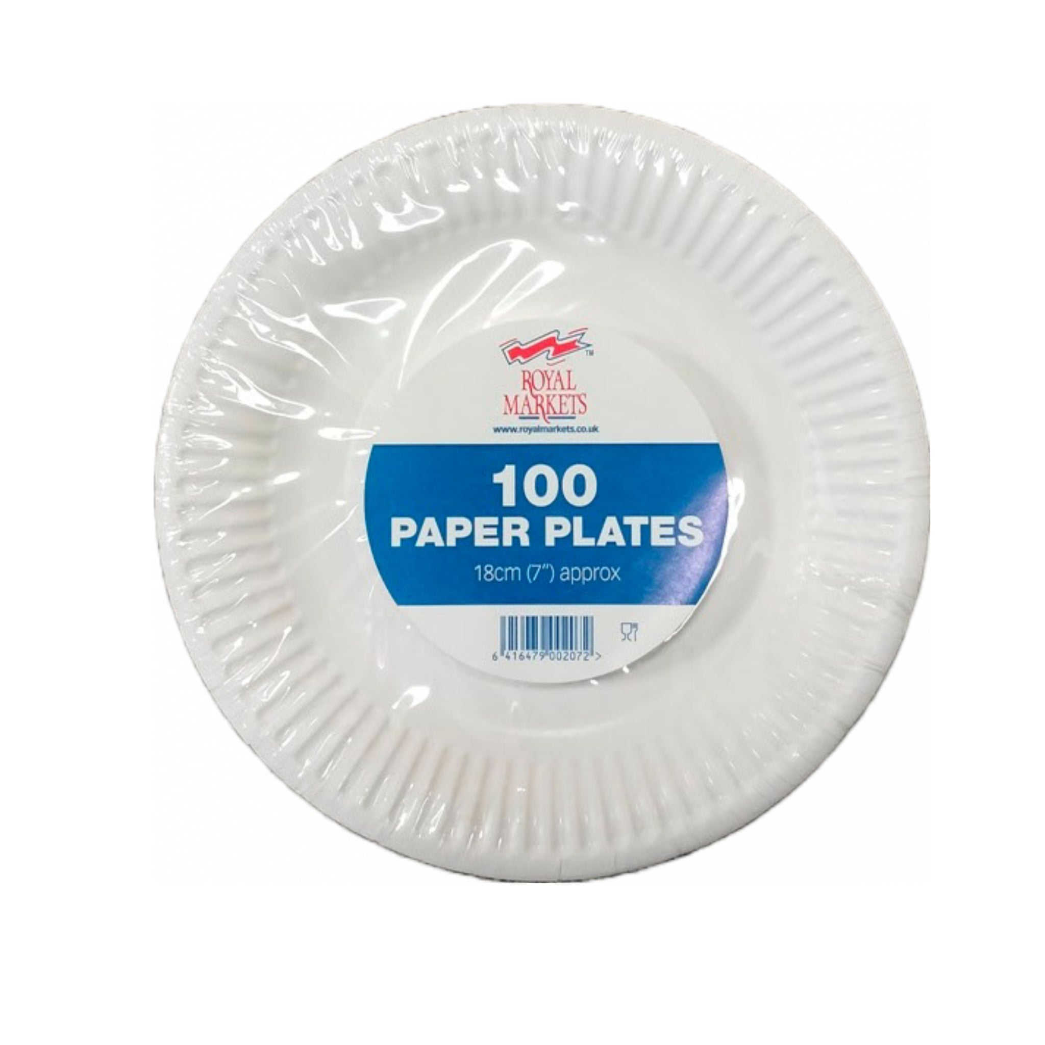 ROYAL MARKET DISPOSABLE PAPER PLATE 18CM - 7 INCH 100/PACK - WHITE. CVPP7100 \\\KD26886