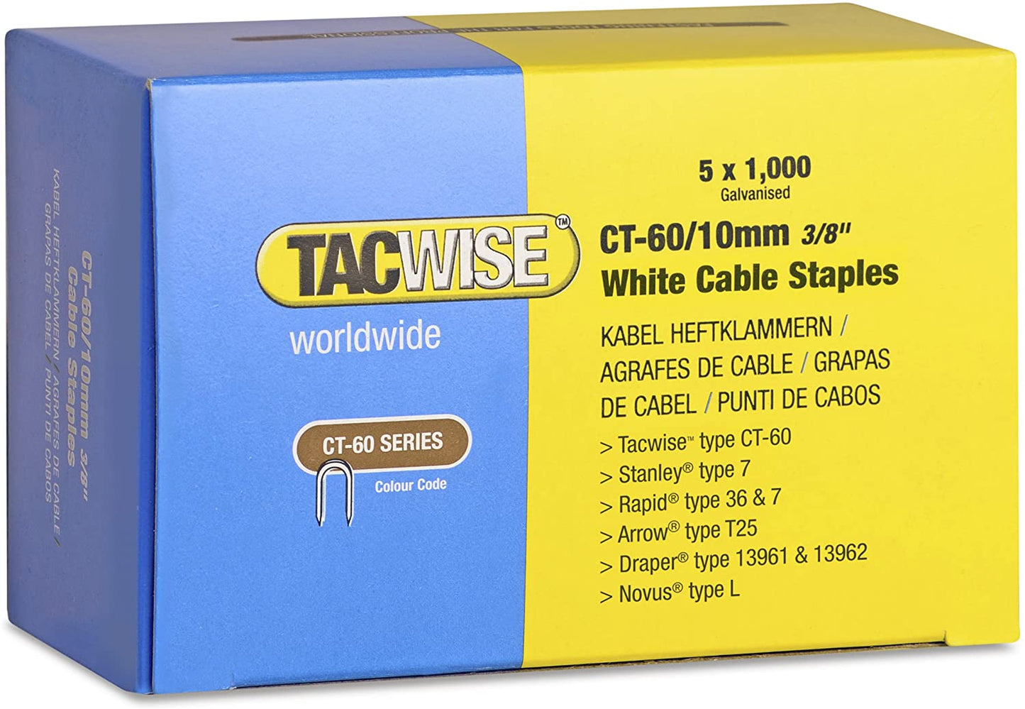 TACWISE CT-60/10MM DIVERGENT POINT WHITE CABLE TACKER STAPLES 5000 (5 X 1000 PACKS). TAC1094 \\\KD27102