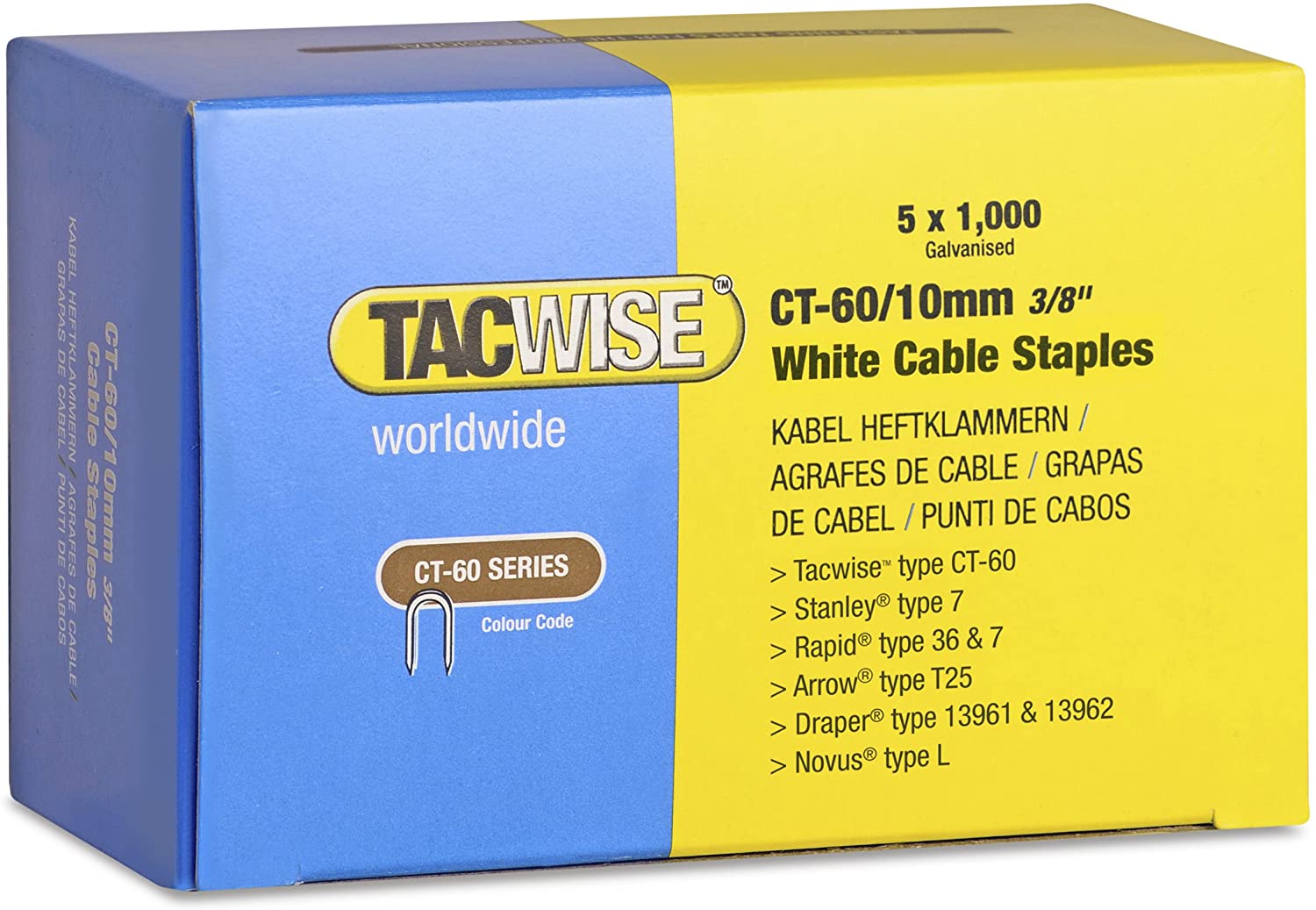 TACWISE CT-60/10MM DIVERGENT POINT WHITE CABLE TACKER STAPLES 5000 (5 X 1000 PACKS). TAC1094 \\\KD27102