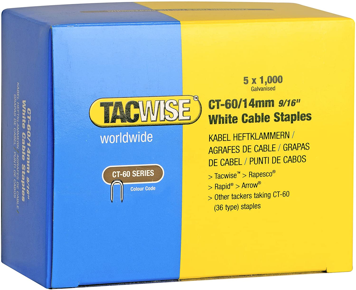 TACWISE CT-60/14MM DIVERGENT POINT WHITE CABLE TACKER STAPLES 5000 (5 X 1000 PACKS). TAC0357 \\\KD27103