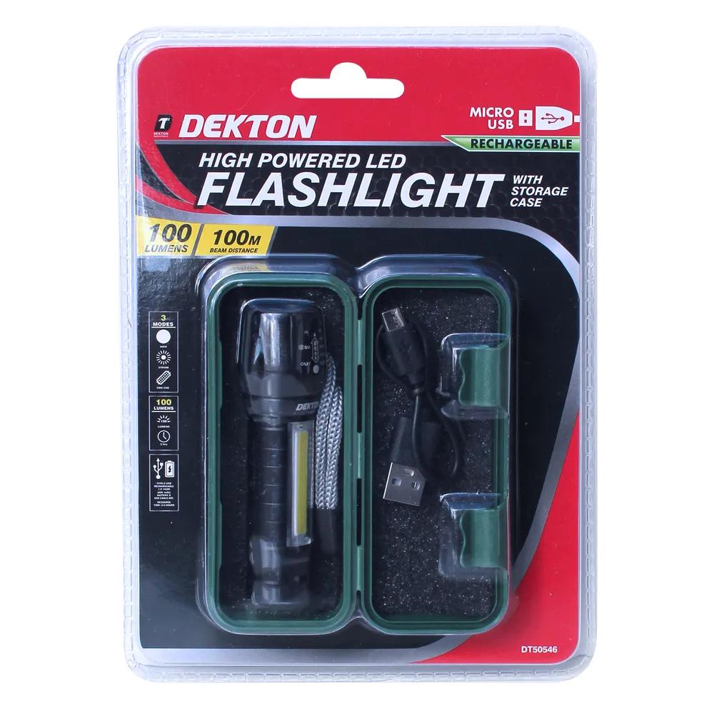 DEKTON RECHARGEABLE HIGH POWERED LED FLASHLIGHT TORCH WITH CASE. DT50546 \\\KD27112