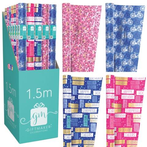 GIFTMAKER MALE / FEMALE HAPPY BIRTHDAY FOIL GIFT WRAP ROLL 69CM X 1.5M \\\KD27335