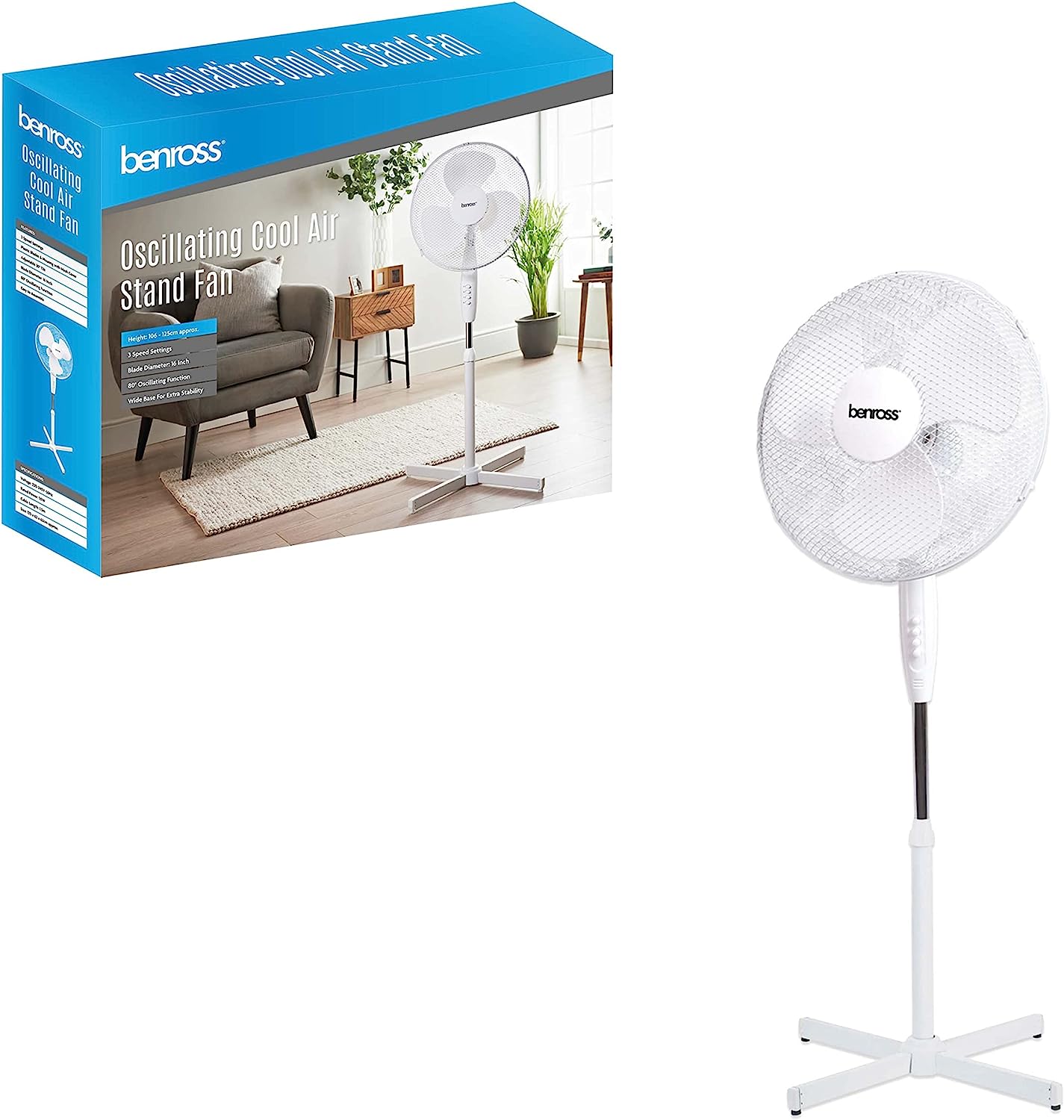 BENROSS PORTABLE 16 INCH OSCILLATING STAND FAN WHITE. BML43930 \\\KD27764