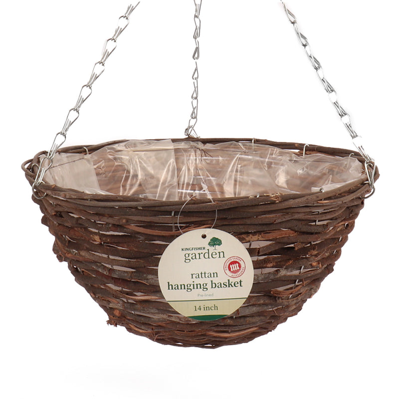 KINGFISHER DARK RATTAN PRE-LINED HANGING BASKET 35CM / 14 INCH. HB14R \\\KD27861