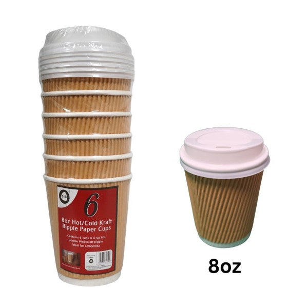 DISPOSABLE BROWN KRAFT RIPPLE WALL PAPER DRINK CUPS WITH LIDS 8OZ 6/PK. DD9959 \\\KD27880