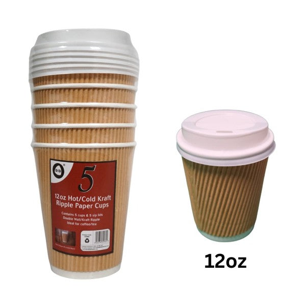 DISPOSABLE BROWN KRAFT RIPPLE WALL PAPER DRINK CUPS WITH LIDS 12OZ 5/PK. DD9960 \\\KD27881