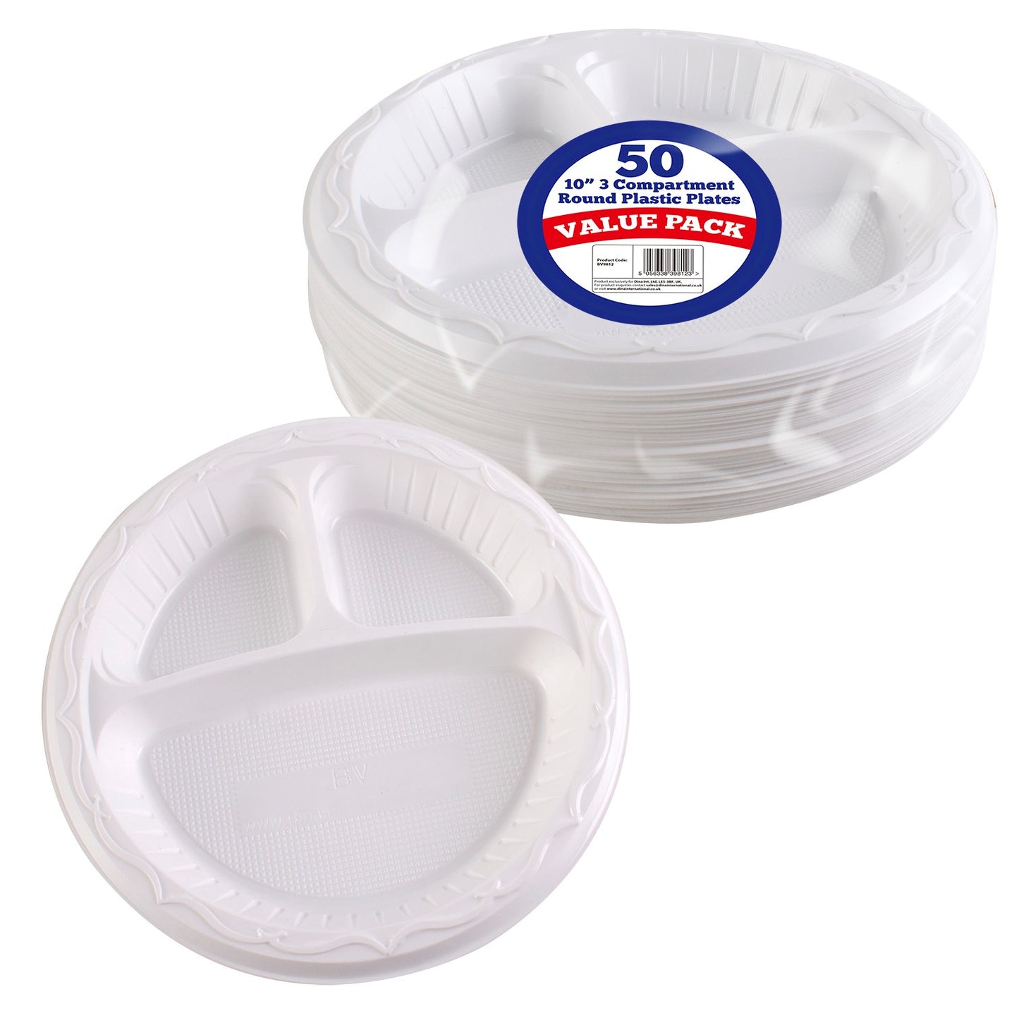 3 COMPARTMENT ROUND PLASTIC PLATES 10" / 25CM 50/PK. BV9812 \\\KD28000
