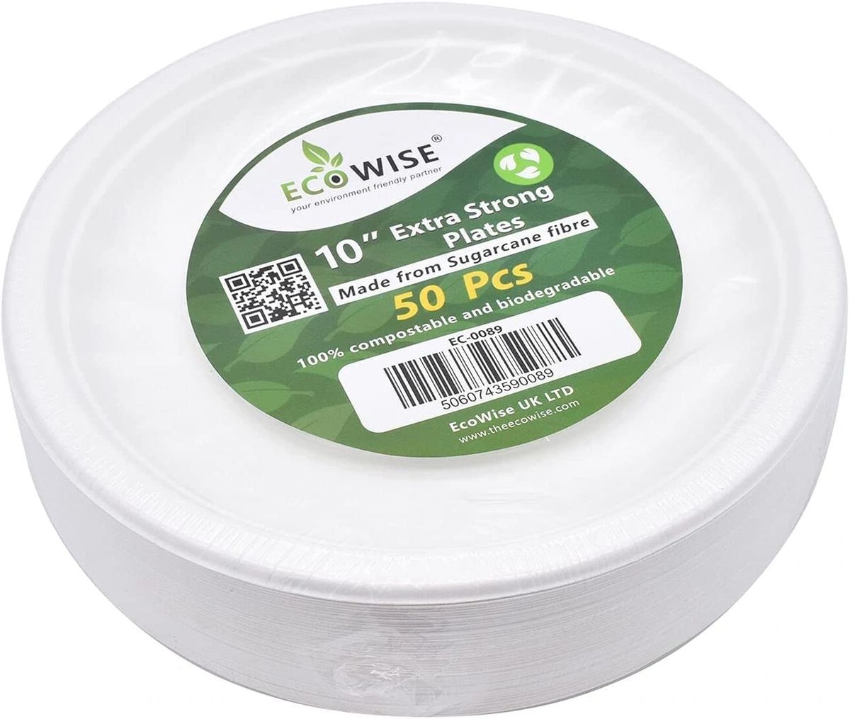 ECOWISE WHITE BEGASSE BIODEGRADABLE PLATES 10" / 25CM 50/PK. EC-0089 \\\KD28136