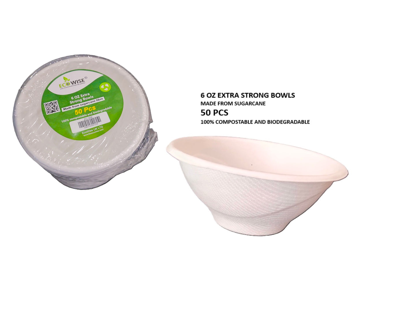 ECOWISE WHITE BEGASSE BIODEGRADABLE STRONG BOWL 6OZ / 170ML 50/PK. EC-1239 \\\KD28144