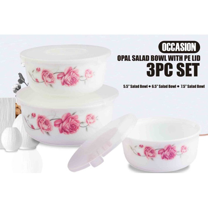 OCCASIONS SET OF 3 ROUND GLASS SALAD BOWLS WITH LIDS - PINK. TS477 \\\KD28252